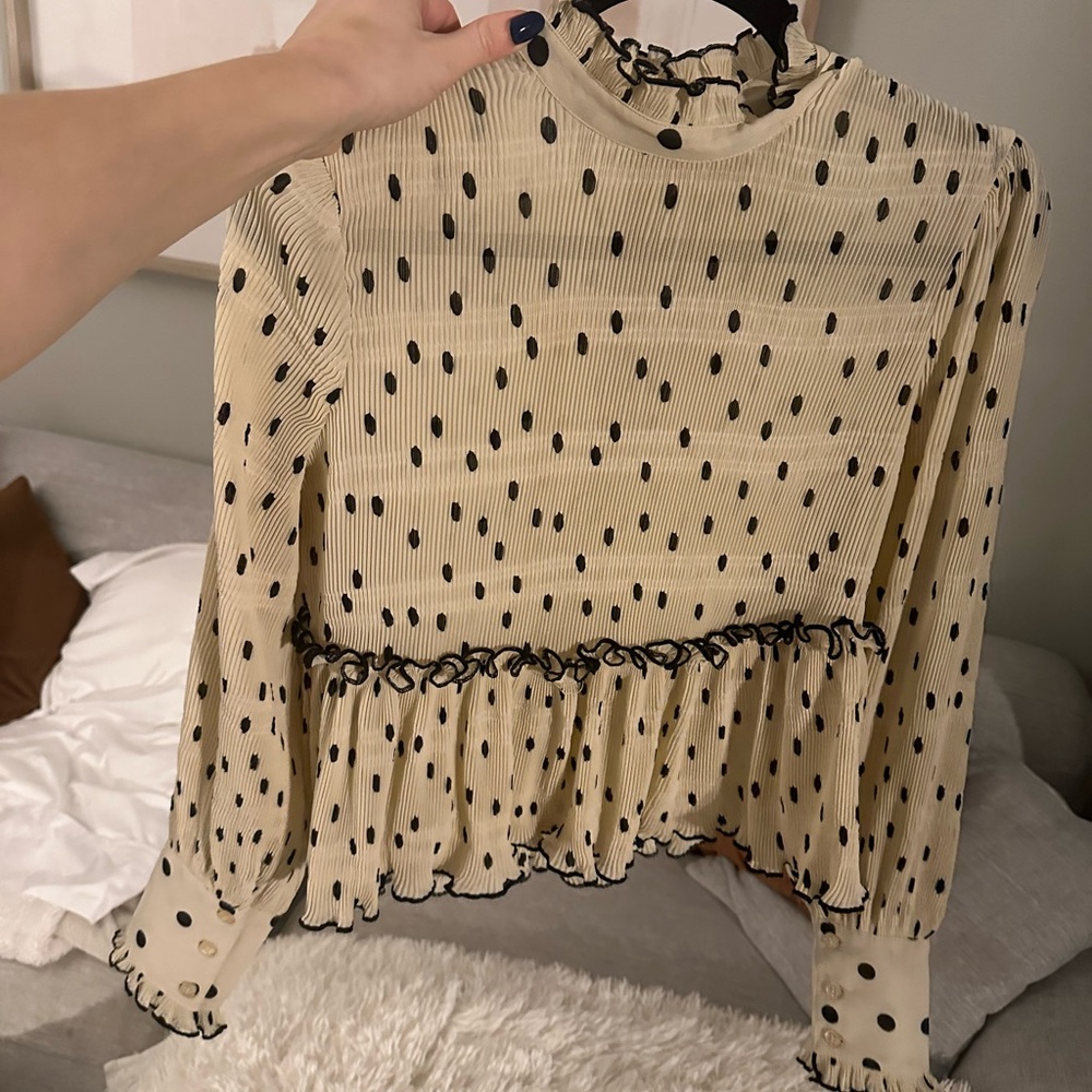 Ganni size medium black and beige polka dot blouse